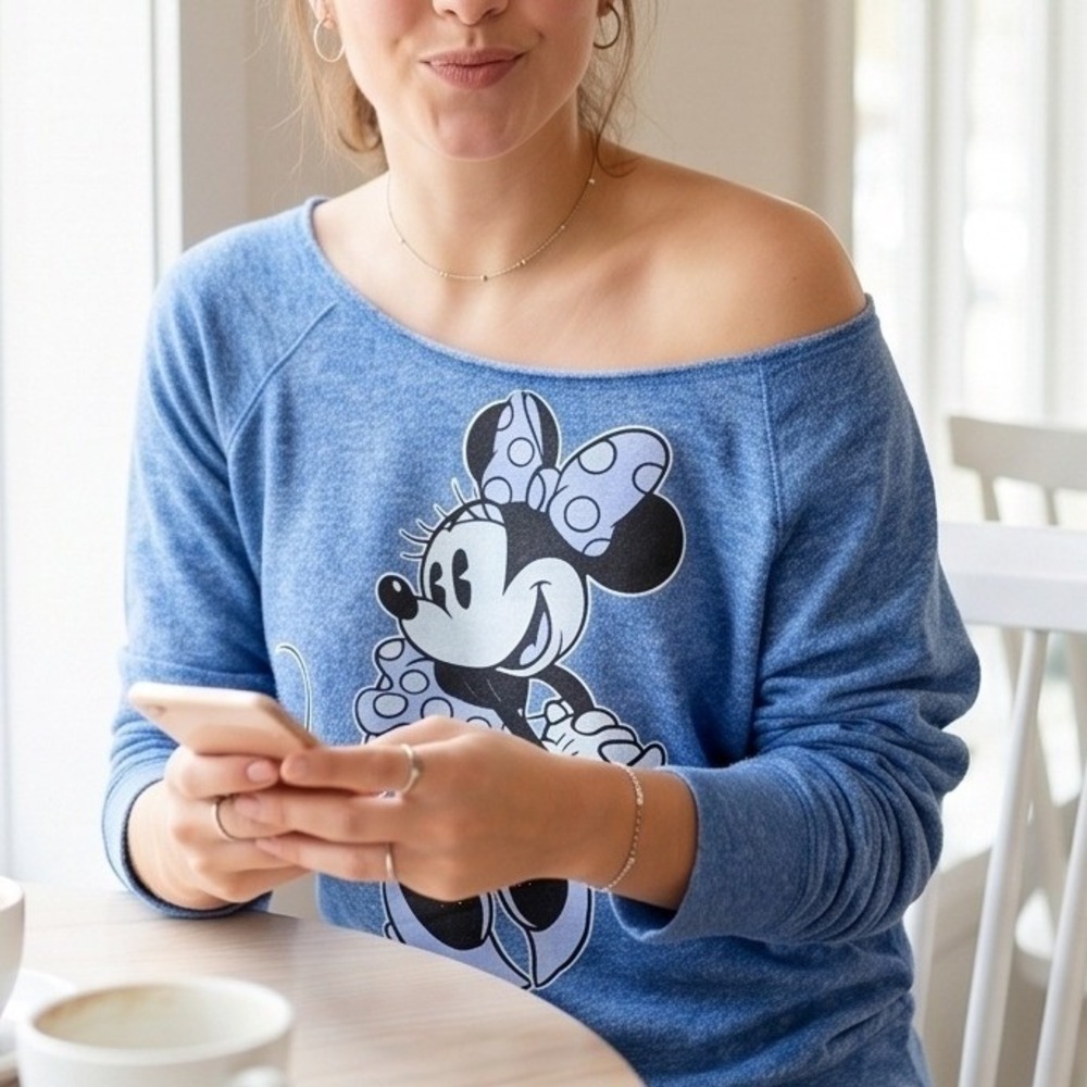 Disney Parks XL Minnie Mouse Blue Heathered Off Shoulder Sweatshirt
